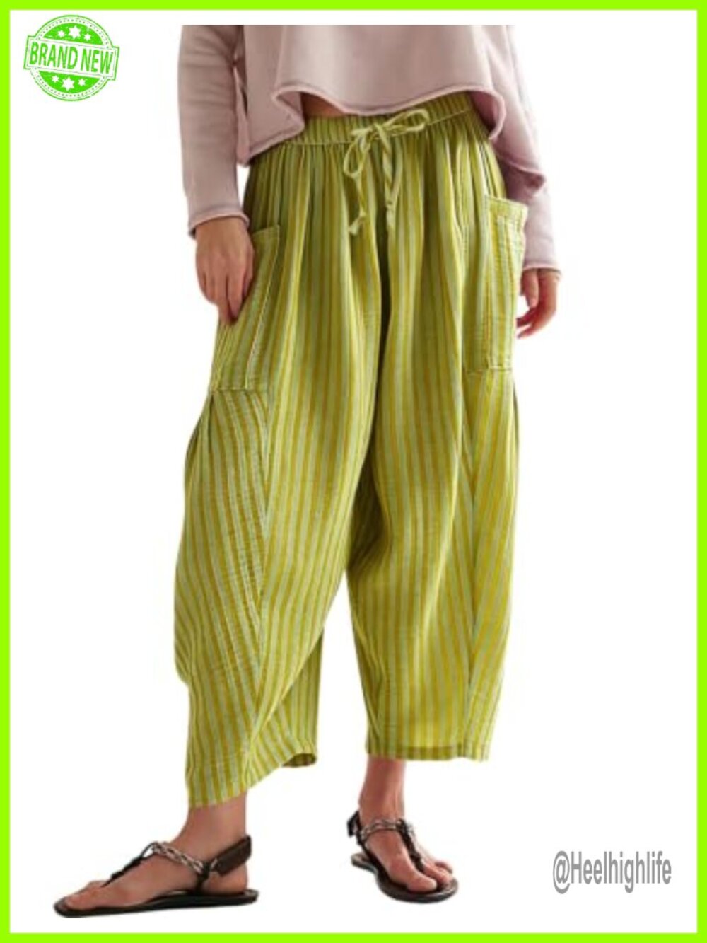 Women Striped Harem Pants Baggy Wide Leg Drawstring Cotton Palazzo